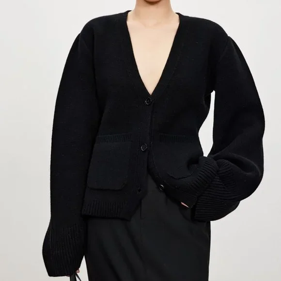 CHICJOC Scarlet Style Cashmere Cardigan Deep V-neck black size 38 - Picture 2 of 15